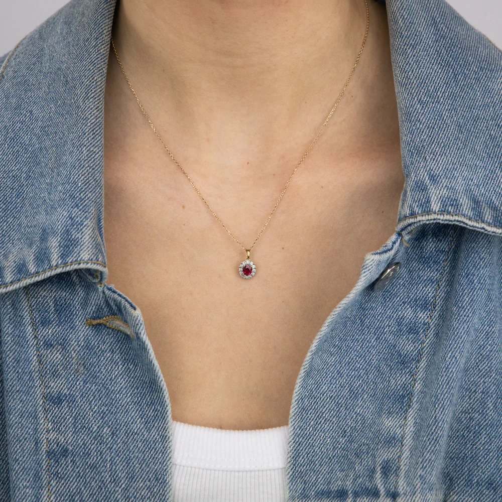 0.39 Carat Created Ruby Oval Shaped and Diamond Pendant with 45cm Chain in 9ct Yellow Gold - Image 2