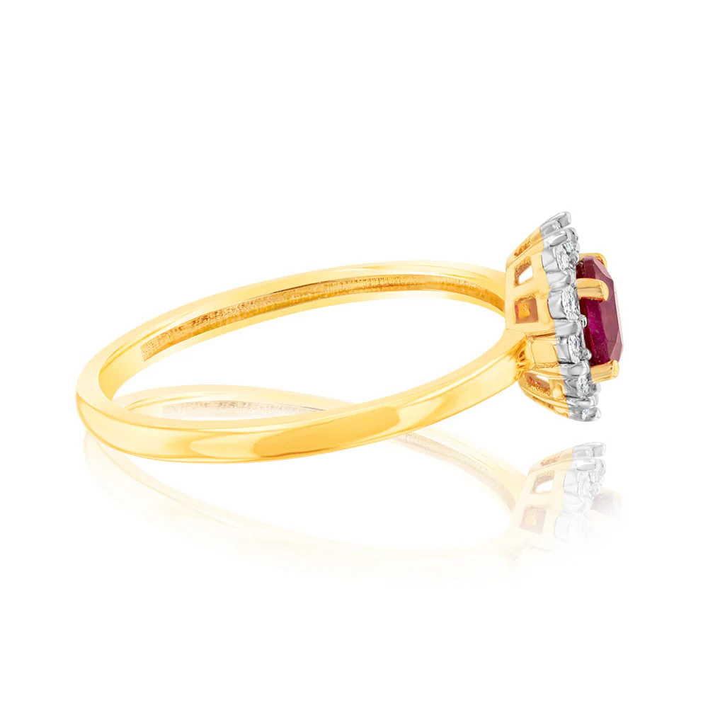 0.39 Carat Created Ruby Oval Shaped and Diamond Ring in 9ct Yellow Gold - Image 2