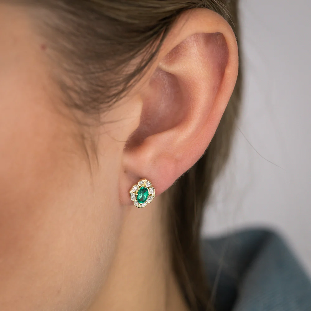 0.40 Carat Created Emerald Oval and Diamond Earrings in 9ct Yellow Gold - Image 2