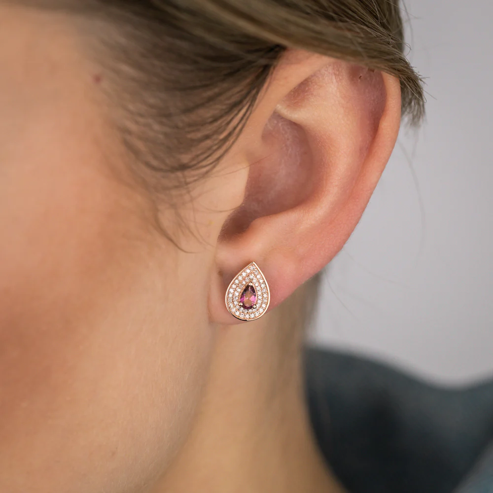 0.5 Carat Pink Topaz Pear and Diamond Stud Earrings in 9ct Rose Gold - Image 2