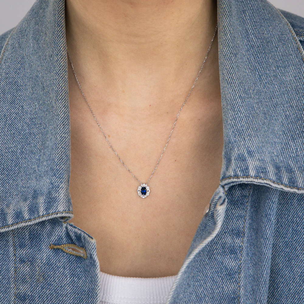 0.50 Carat Created Blue Sapphire Oval and Diamond Pendant with 45cm Chain in 9ct White Gold - Image 2