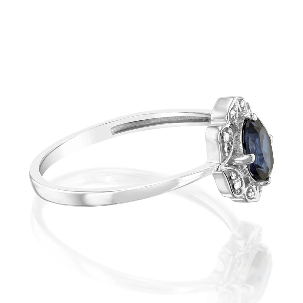0.50 Carat Created Blue Sapphire Oval and Diamond Ring in 9ct White Gold - Image 2