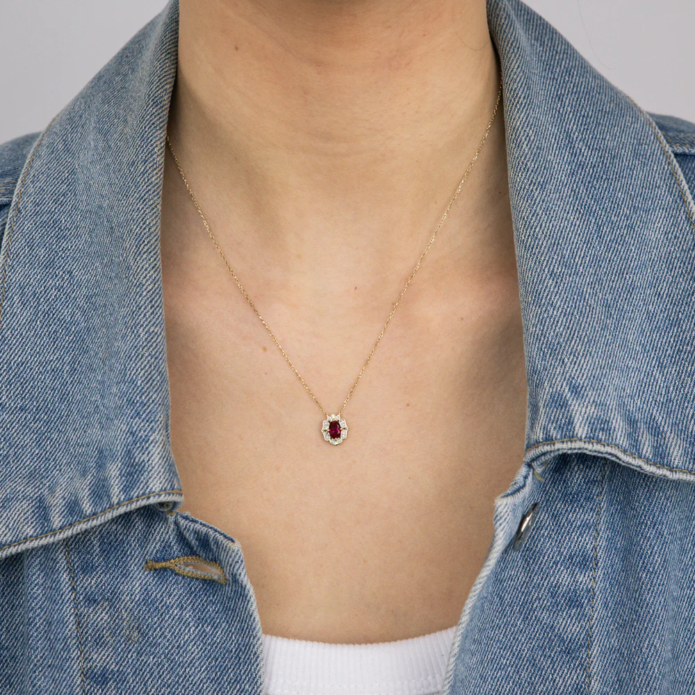 0.50 Carat Created Ruby Oval and Diamond Pendant with 45cm Chain in 9ct Yellow Gold - Image 2