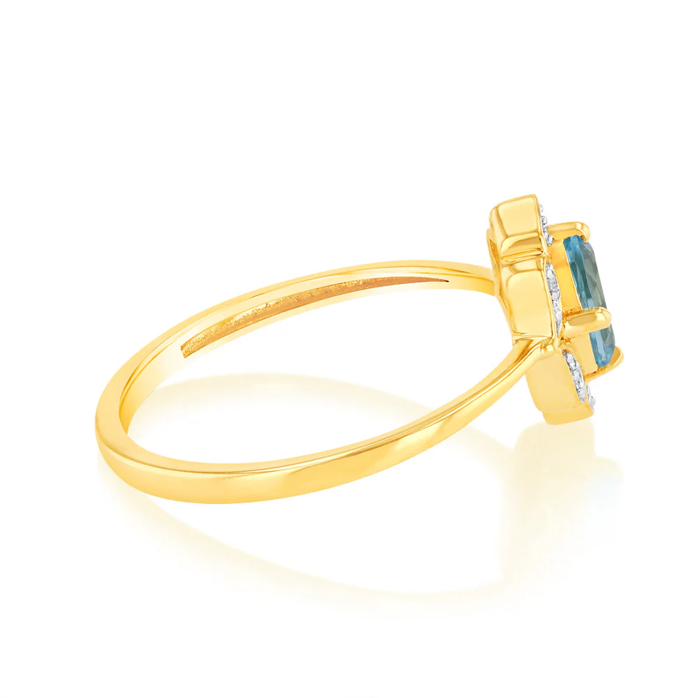0.55 Carat Blue Topaz Oval and Diamond Ring in 9ct Yellow Gold - Image 2