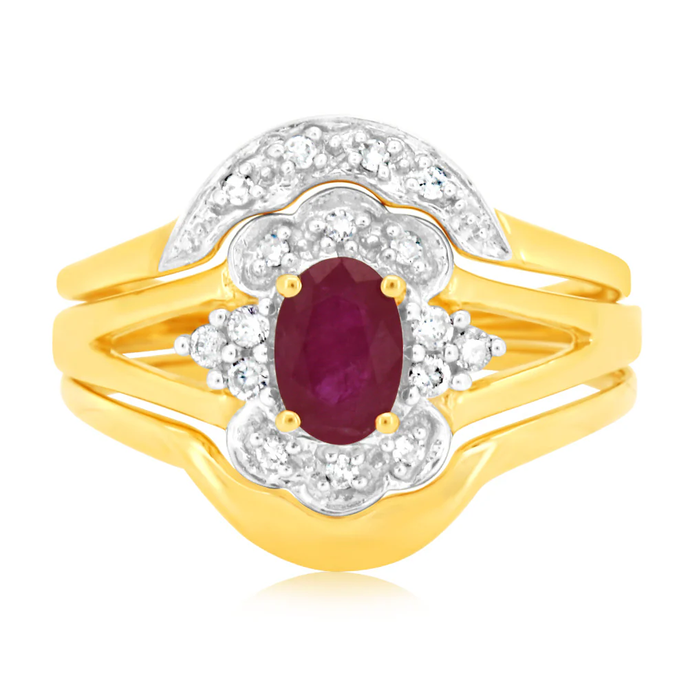 0.55 Carat Natural Ruby & 16 Diamond Bridal Set 3-Ring in 9ct Yellow Gold - Image 3