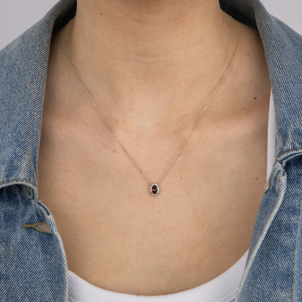 0.56 Carat Red Garnet Oval and Diamond Pendant with 45cm Chain in 9ct Yellow Gold - Image 2