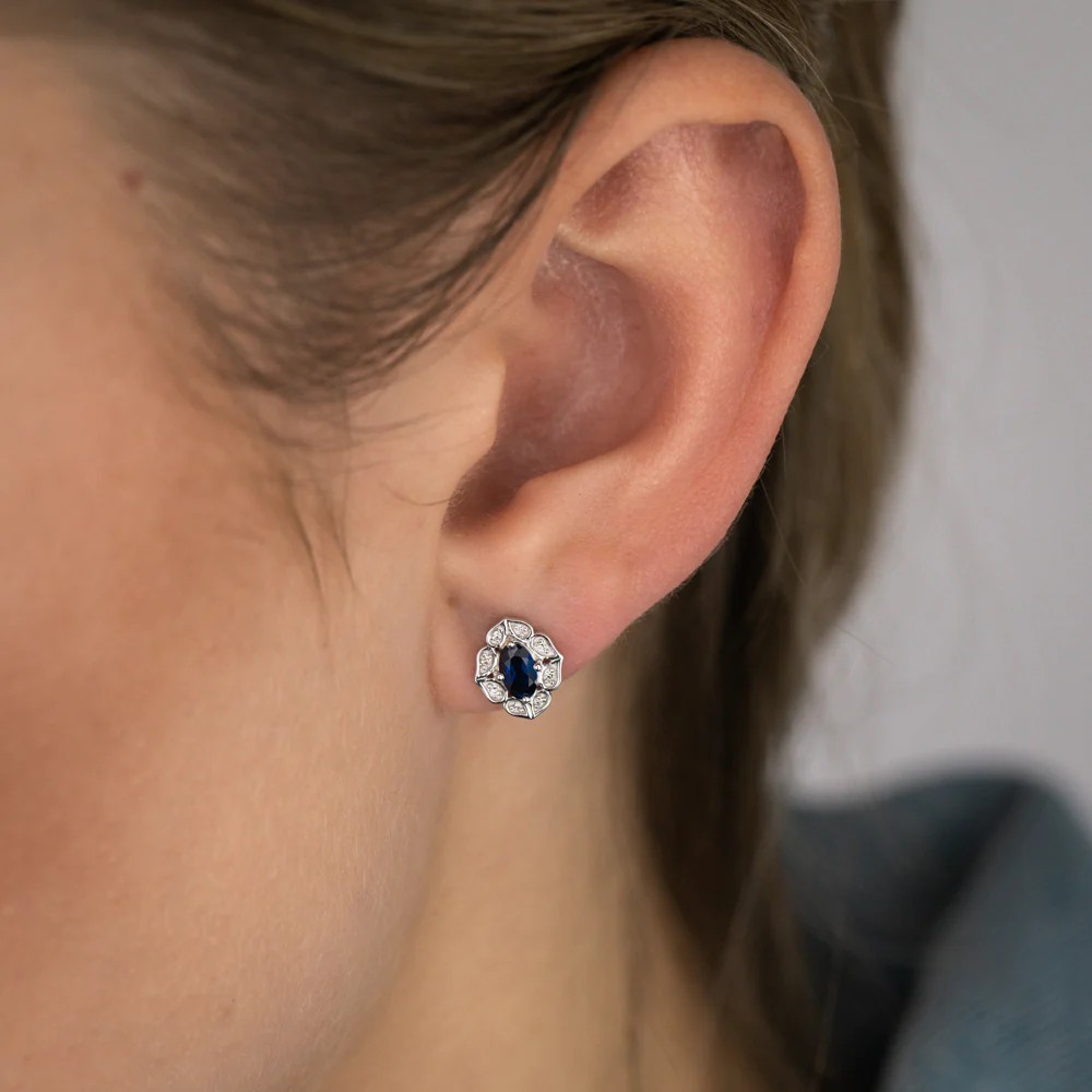 0.60 Carat Created Blue Sapphire Oval and Diamond Stud Earrings in 9ct White Gold - Image 2