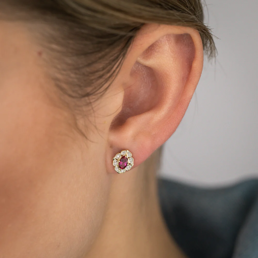 0.60 Carat Created Ruby Oval and Diamond Earrings in 9ct Yellow Gold - Image 2