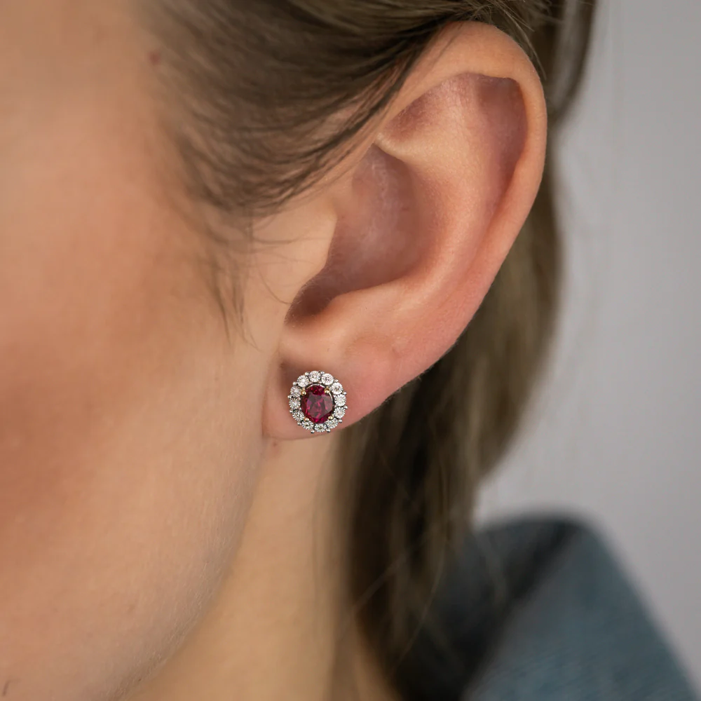 0.77 Carat Created Ruby Oval Shaped and Diamond Stud Earrings in 9ct Yellow Gold - Image 2