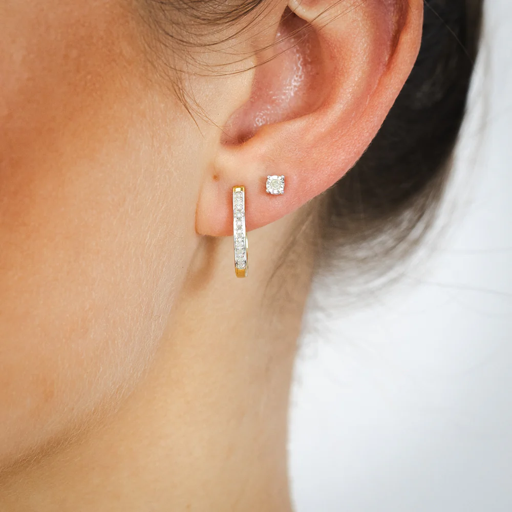 1/10 Carat Diamond Earrings Set Hoop Earrings in Gold Plated Silver and Stud Earrings in Sterling Silver - Image 4