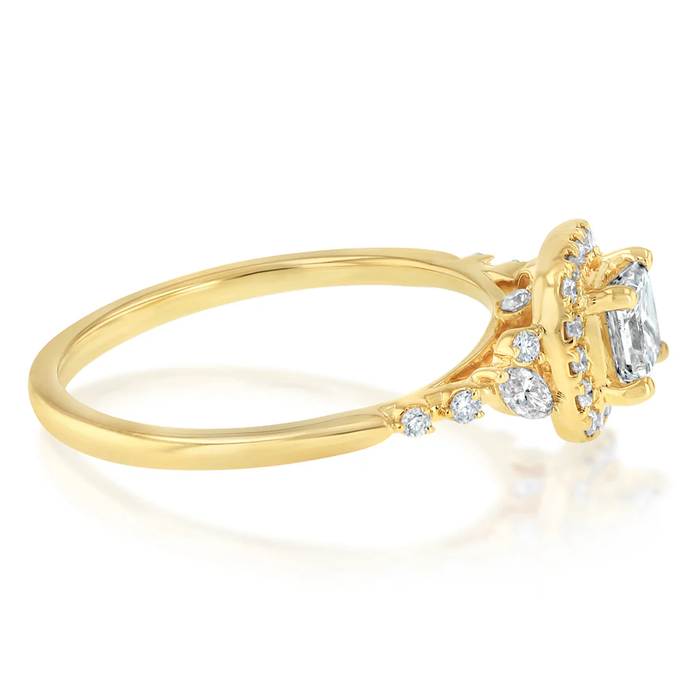 1.14 Carat Diamond Ring with Princess Cut Centre Diamond Surrounded by Brilliant and Marquise Diamonds in 14ct Yellow Gold - Image 2