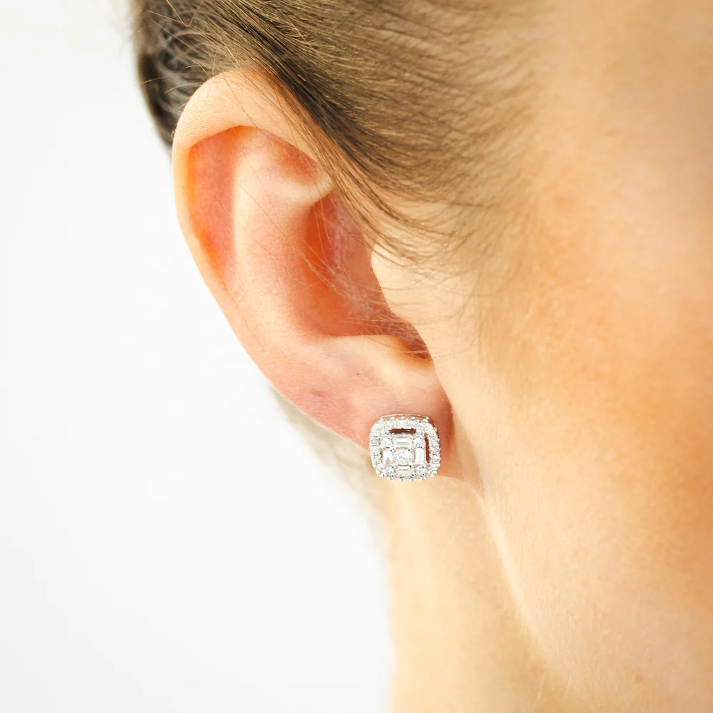 1/2 Carat Diamond Earrings with Brilliant and Baguette Diamonds in 9ct White Gold - Image 2