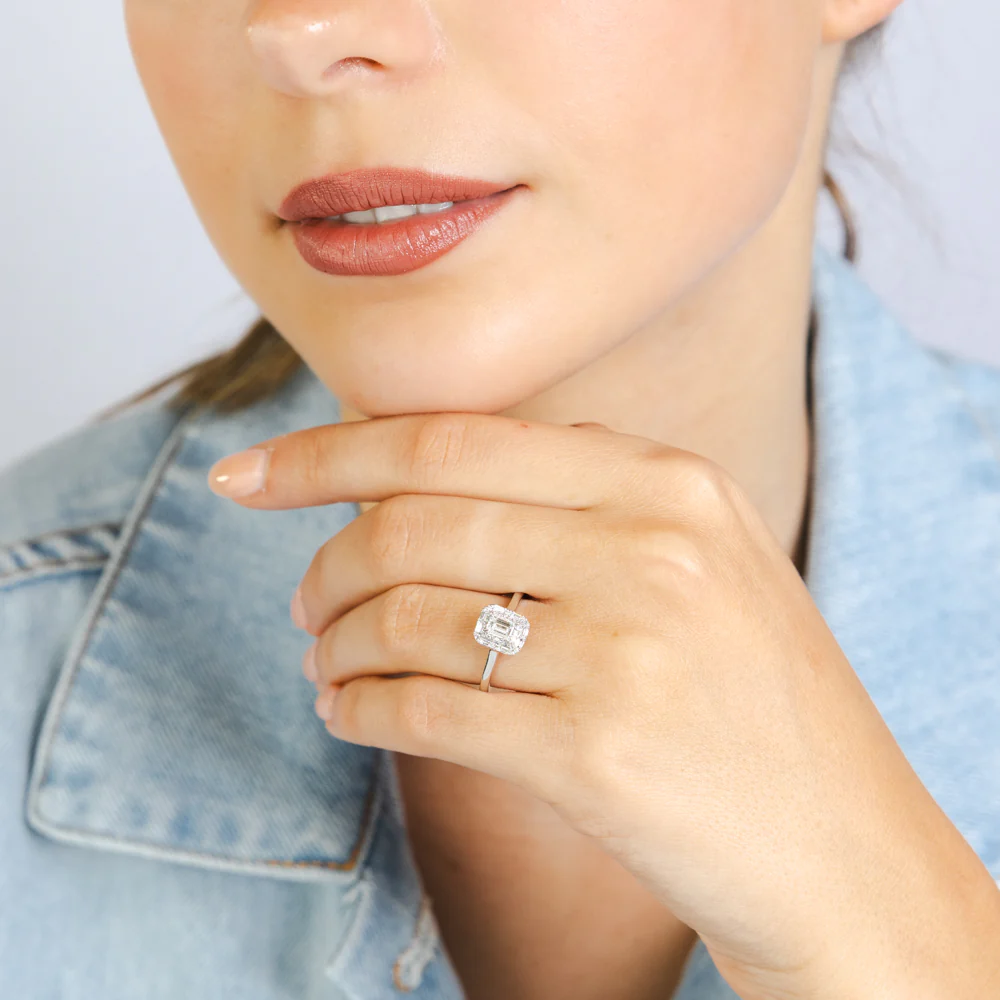 1/2 Carat Diamond Ring With Emerald Cut Centre Diamond Surrounded by Brilliant and Baguette Diamond Halo in Platinum - Image 3