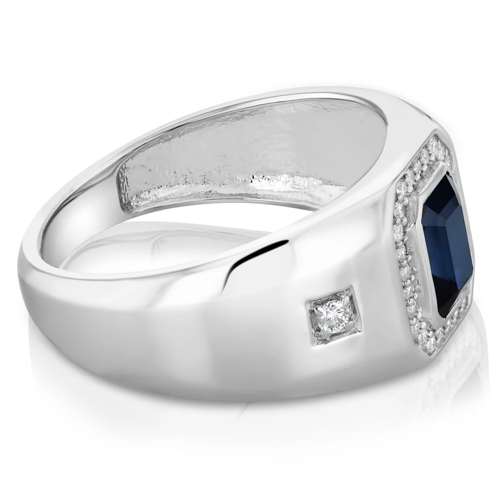 1.20ct Created Blue Sapphire and Luminesce Lab Grown 1/6 Carat Diamond Gents Ring in Sterling Silver - Image 2