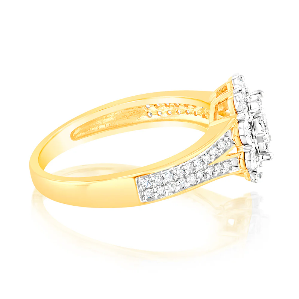 1/3 Carat Diamond Halo Ring with Split Shank in 9ct Yellow Gold - Image 2