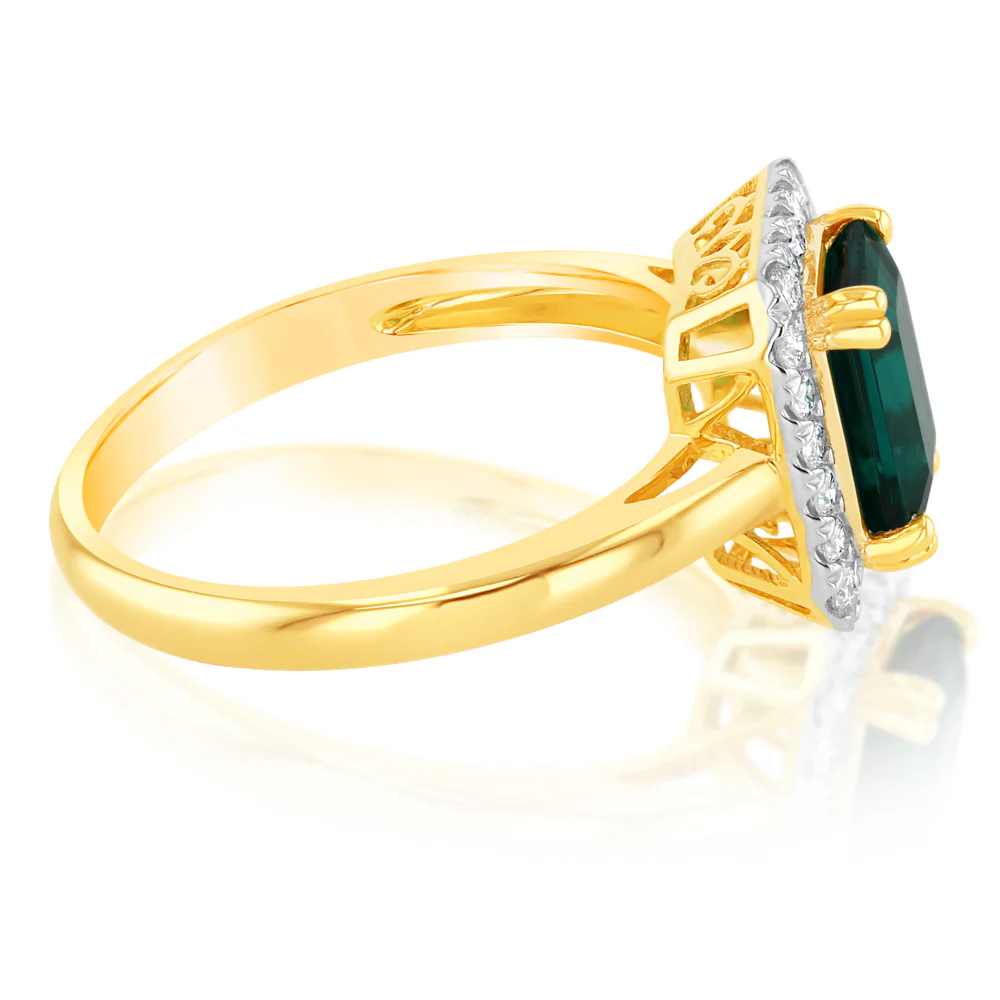 1.4 Carat Created Emerald Ring with 1/4 Carat Lab Grown Diamonds in 9ct Yellow Gold - Image 2