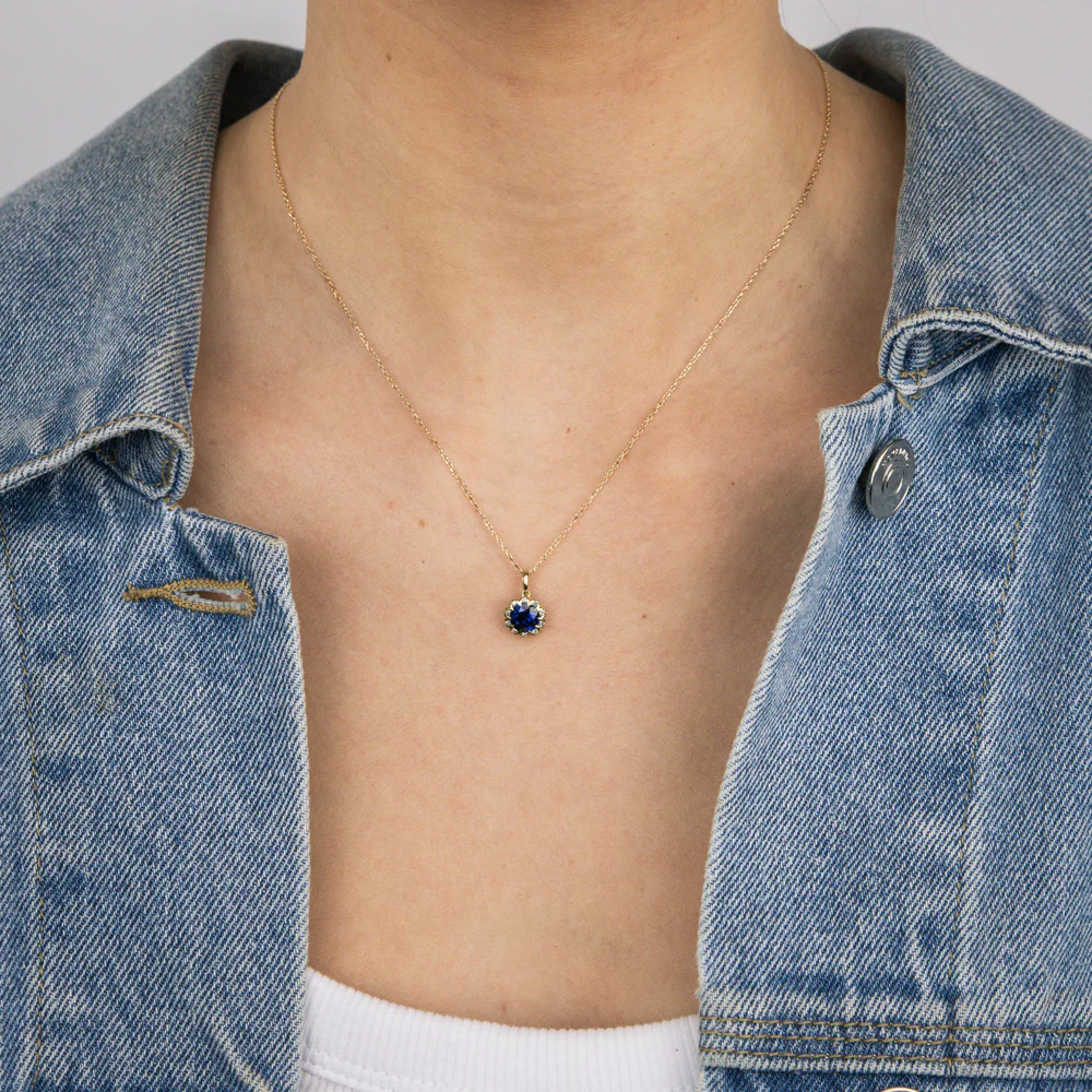 1 Carat Created Sapphire and Diamond Pendant with 45cm Chain in 9ct Yellow Gold - Image 2