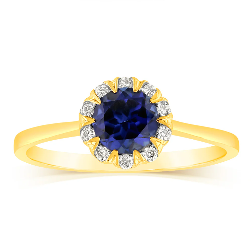 1 Carat Created Sapphire and Diamond Ring in 9ct Yellow Gold