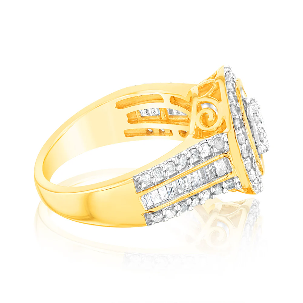 1 Carat Diamond Cluster Ring with Round Brilliant and Baguette Diamonds in 9ct Yellow Gold - Image 2