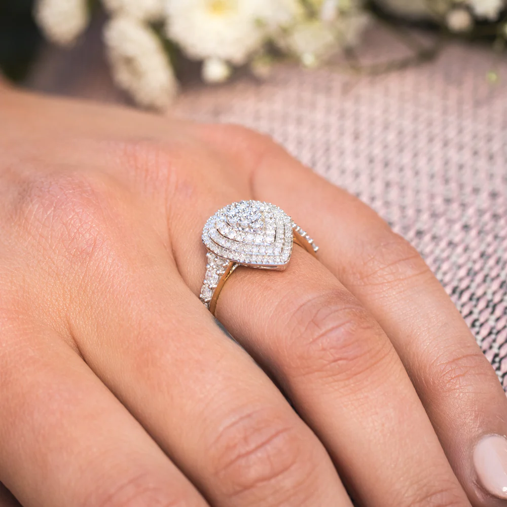1 Carat Diamond Pear Shaped Cluster Ring Set in Sterling Silver and 9ct Yellow Gold - Image 3