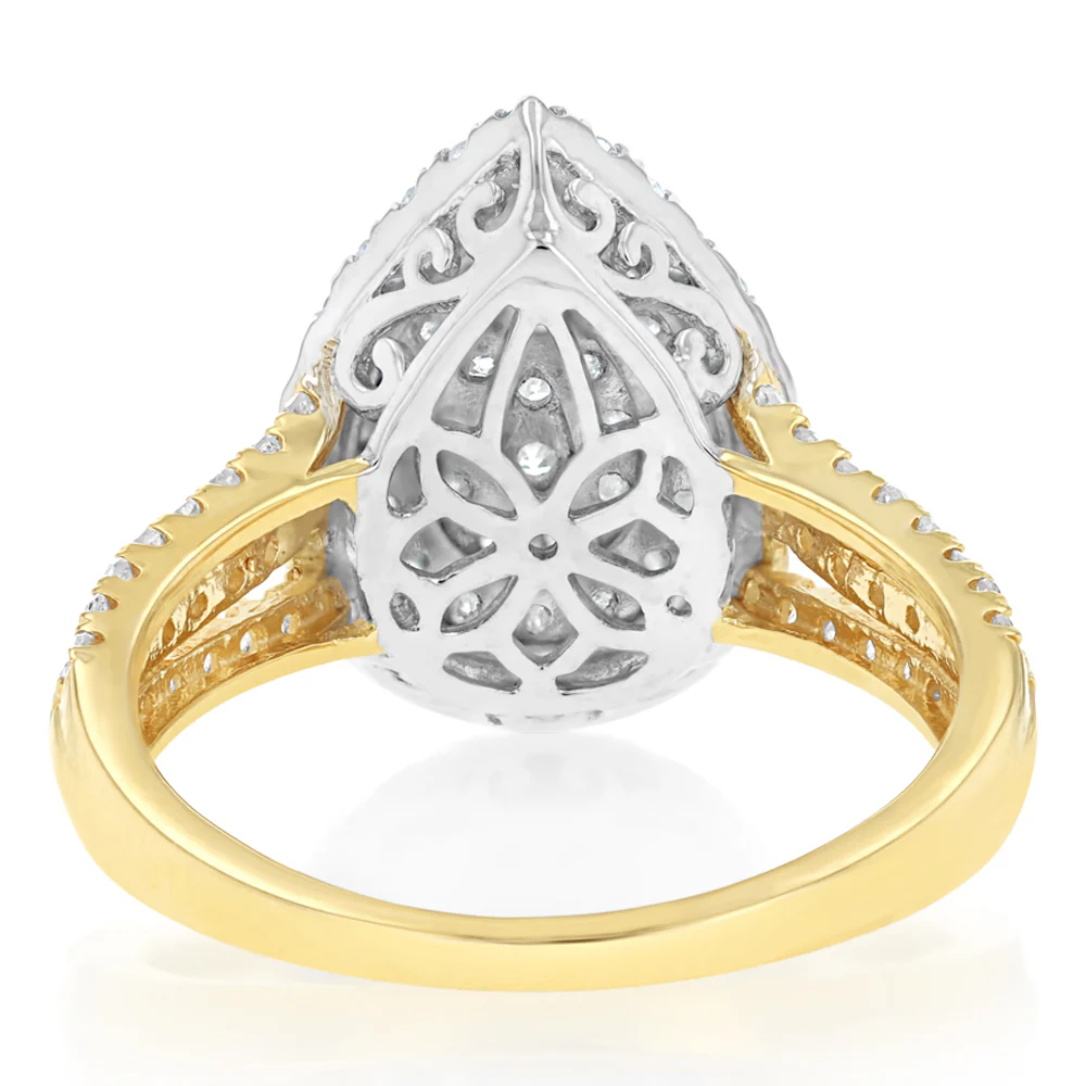 1 Carat Natural Diamond Pear Shaped Ring in 9ct Yellow Gold and Sterling Silver - Image 4