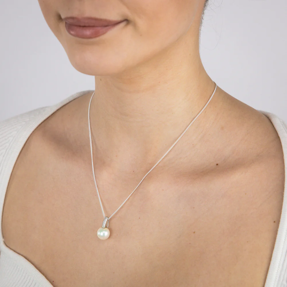 10-12mm White South Sea Pearl Pendant with Pave Zirconia Bale on 45cm Chain in Sterling Silver - Image 2