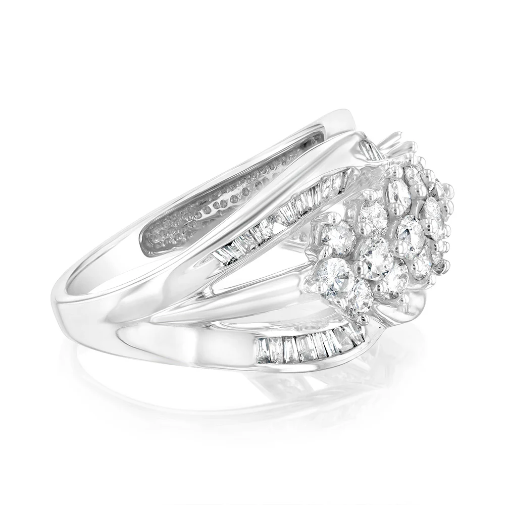 10ct White Gold 1.4 Carat Diamond Ring with Round Brilliant and Tapered Baguette Diamonds - Image 2