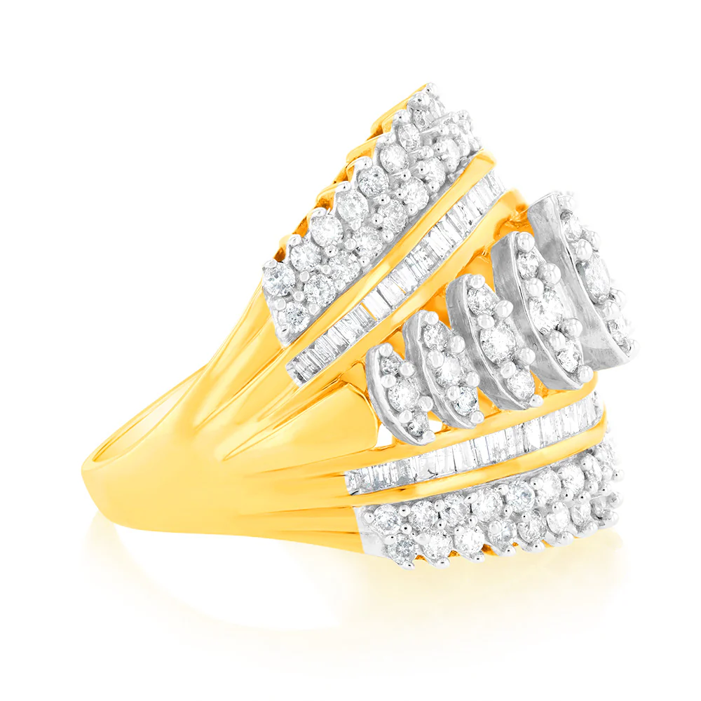 10ct Yellow Gold 2 Carat Diamond Ring with Taper and Round Brilliant Cut Diamonds - Image 2