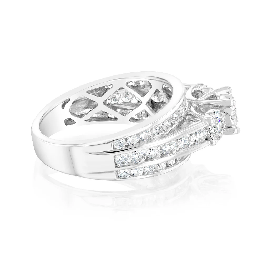 14ct White Gold 1.5 Carat Diamond Trilogy Ring with 3 Round Brilliant Cut Diamonds Surrounded by Diamond Halos and Channel Set Band - Image 2