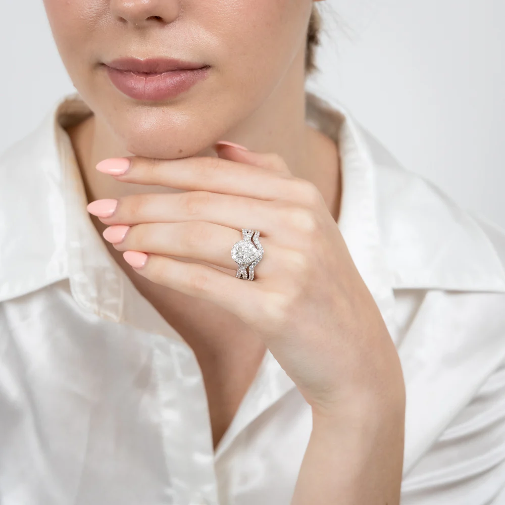 14ct White Gold 1.95 Carat Diamond Bridal 2 Ring set with Pear Centre Diamond Surrounded by Brilliant Cut Diamond Halo - Image 3