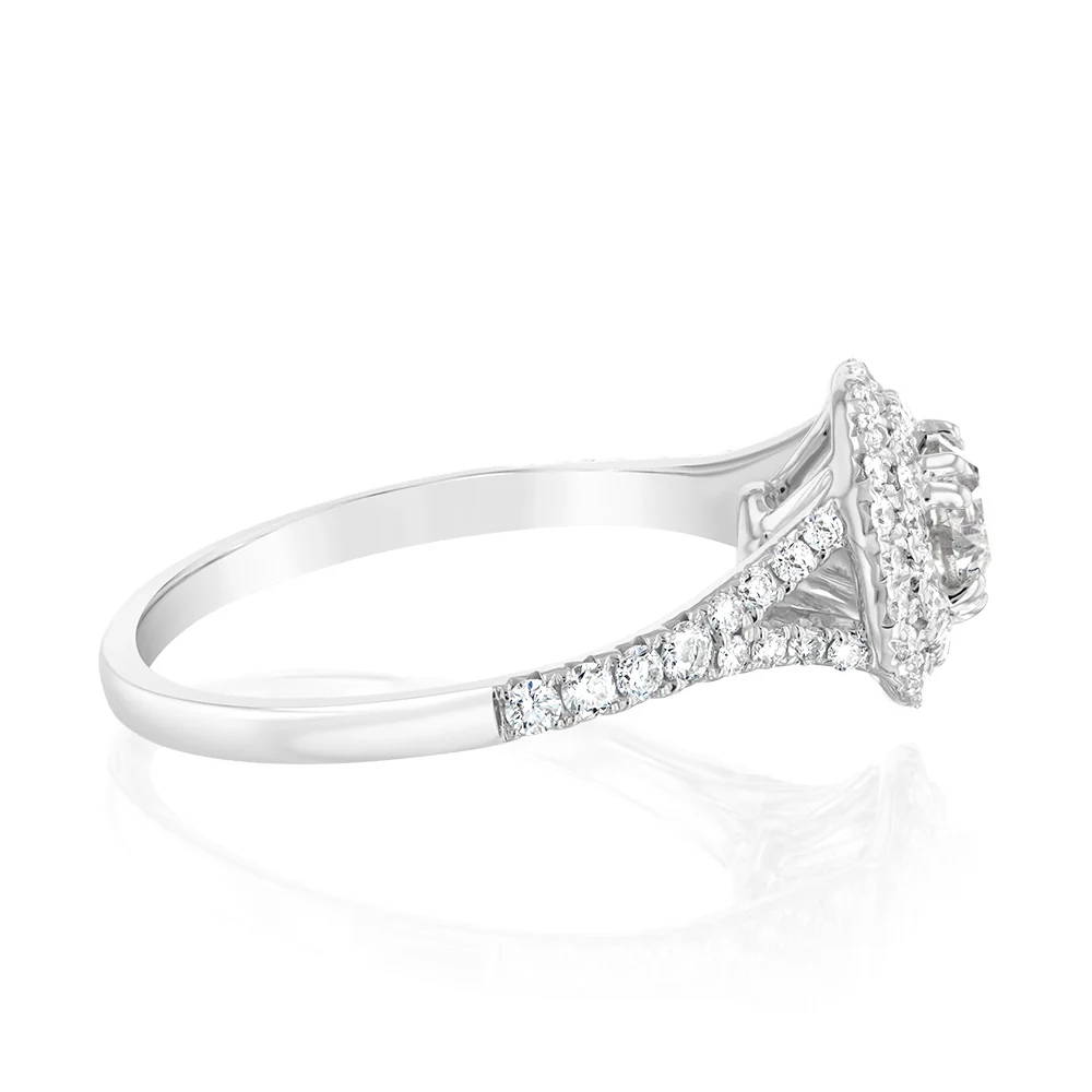 14ct White Gold 1 Carat Brilliant Cut Diamond Solitaire Ring with Double Diamond Halo and Diamond Split Shank - Image 2