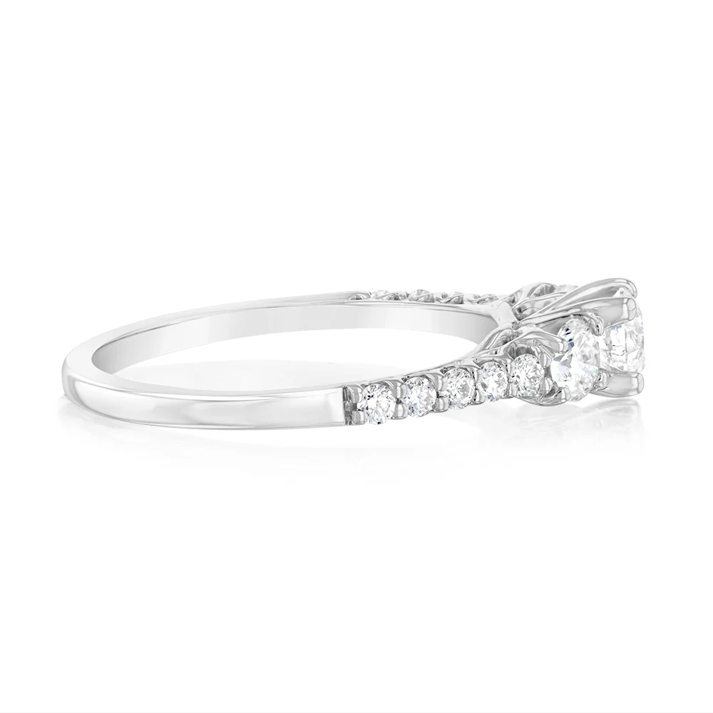 14ct White Gold 1 Carat Brilliant Cut Diamond Trilogy Ring with Diamond on Shank - Image 2
