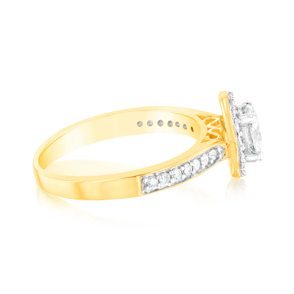 14ct Yellow Gold 1 Carat Brilliant Cut Diamond Halo Solitaire Ring with Diamonds on Shank - Image 2