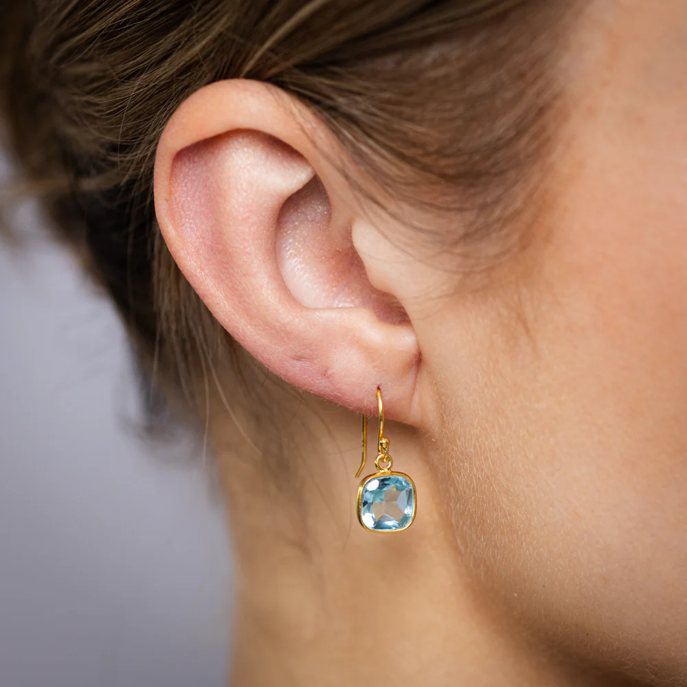 2.50 Carats Natural Blue Topaz Drop Earrings in Gold Plated Sterling Silver - Image 2