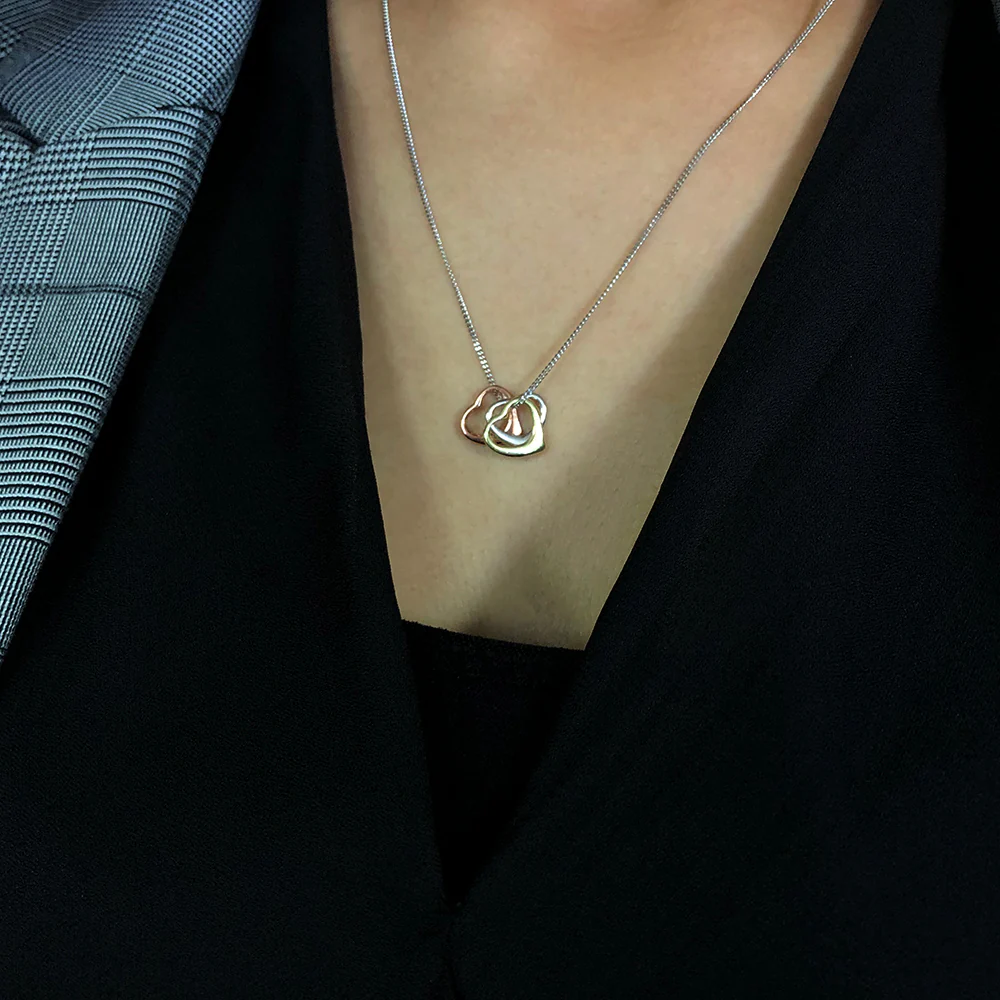 45cm Sterling Silver Rose Gold Plated and Gold Plated Triple Floating Heart Pendant - Image 2