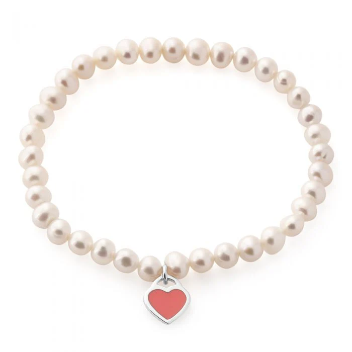 5-5.5mm White Freshwater Pearl Stretch Bracelet with Sterling Silver Pink Heart - Image 2