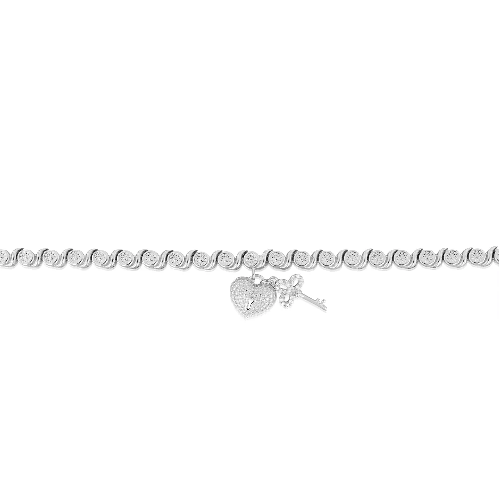 5 Points Diamond Heart Lock & Key 17.5cm Bracelet in Sterling Silver - Image 2