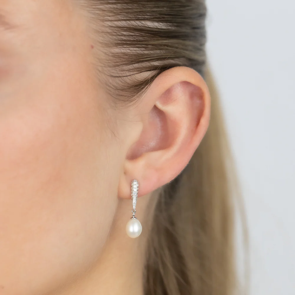 6-7MM Fresh Water White Pearl Drop Earrings Sterling Silver - Image 2