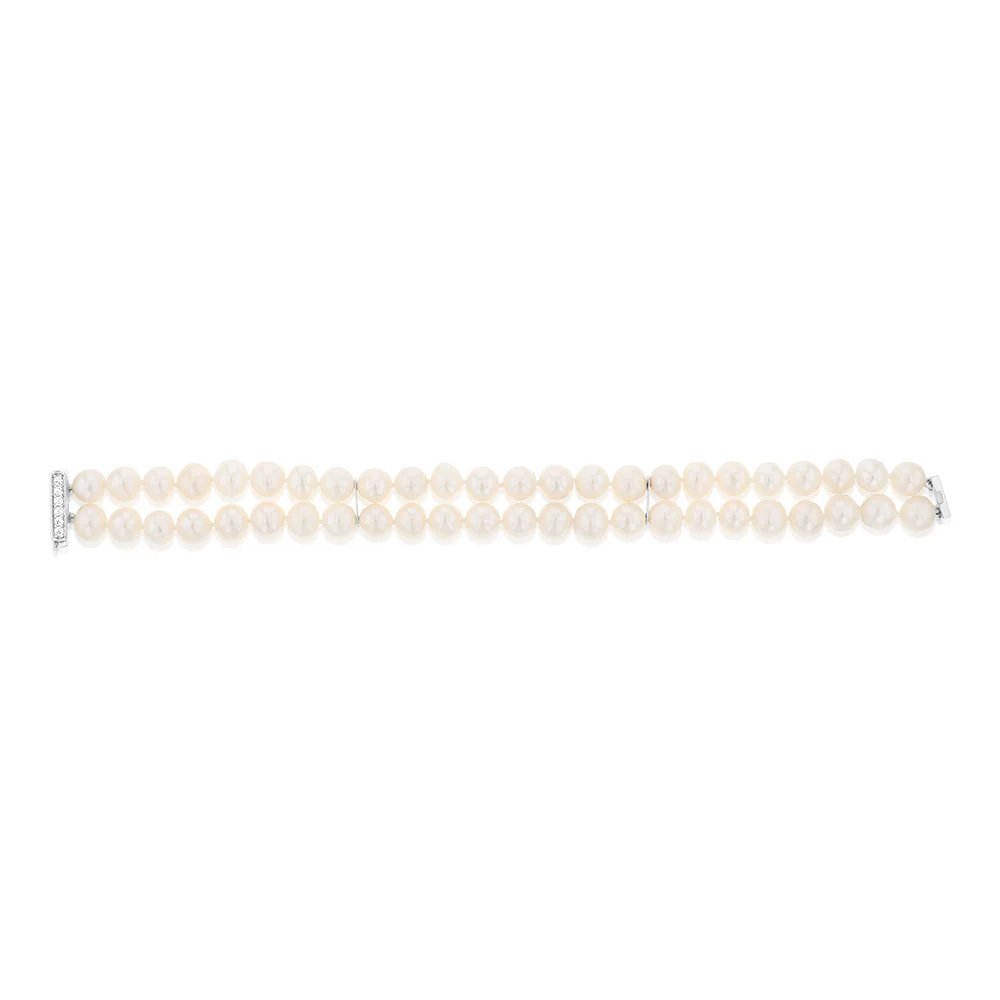 7-8mm Fresh Water Pearl & Cubic Zirconia Bracelet in Sterling Silver - Image 2