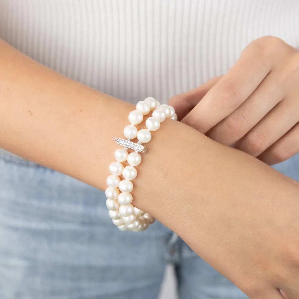 7-8mm Fresh Water Pearl & Cubic Zirconia Bracelet in Sterling Silver - Image 3