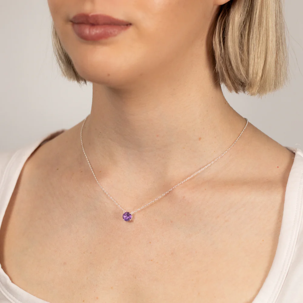 7mm Natural Amethyst Pendant in Sterling Silver with Chain - Image 2