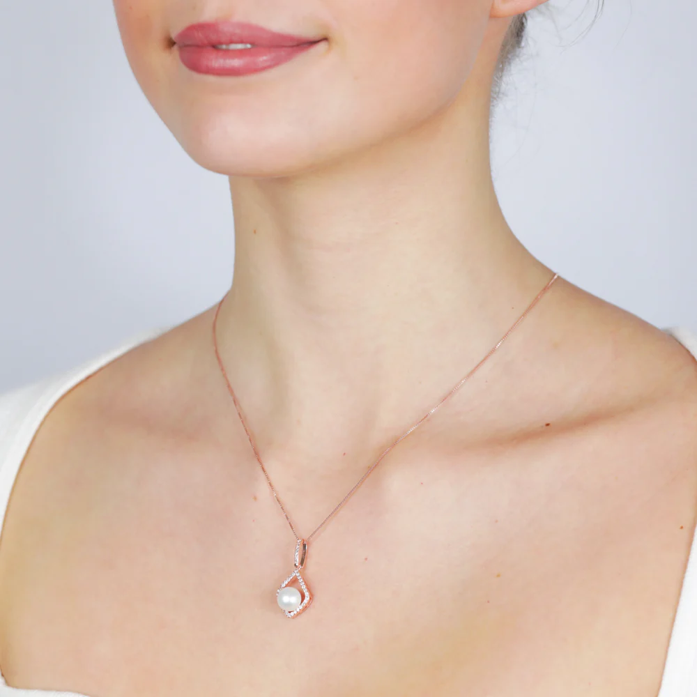 8-9mm Fresh Water Pearl + Created Sapphire Pendant on 45cm chain Silver Rose Gold - Image 2