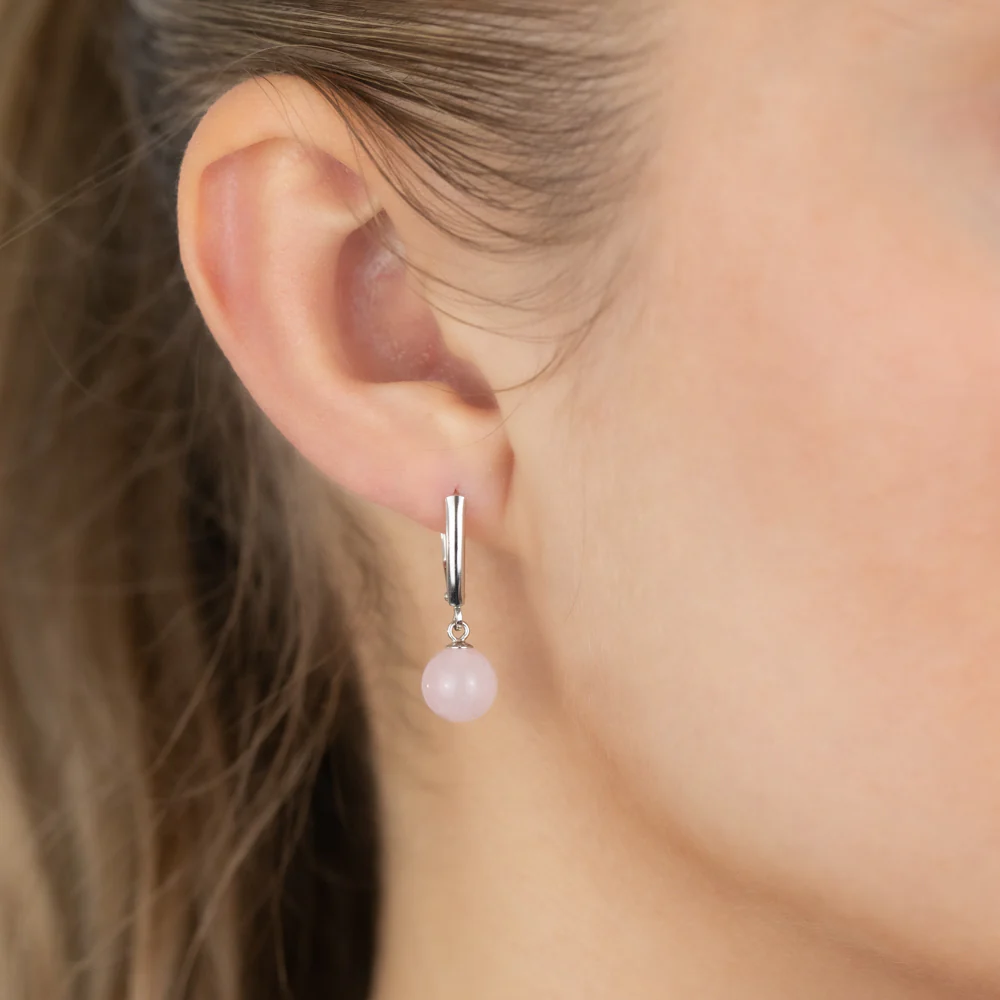 8MM Rose Quartz Drop Earrings in Sterling Silver - Image 2