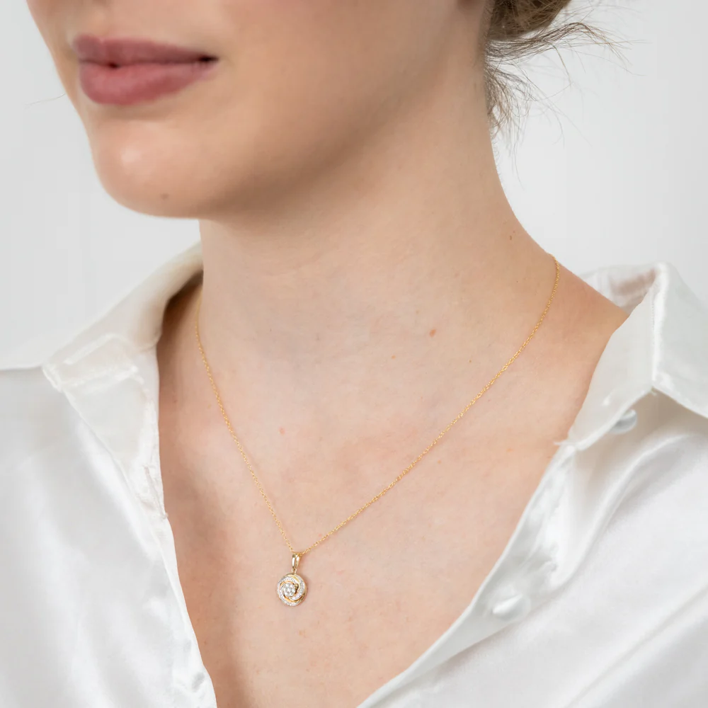 9ct 3-Tone 1/10 Carat Diamond Swirl Pendant with 28 Round Brilliant Diamonds in White, Rose and Yellow Gold - Image 2