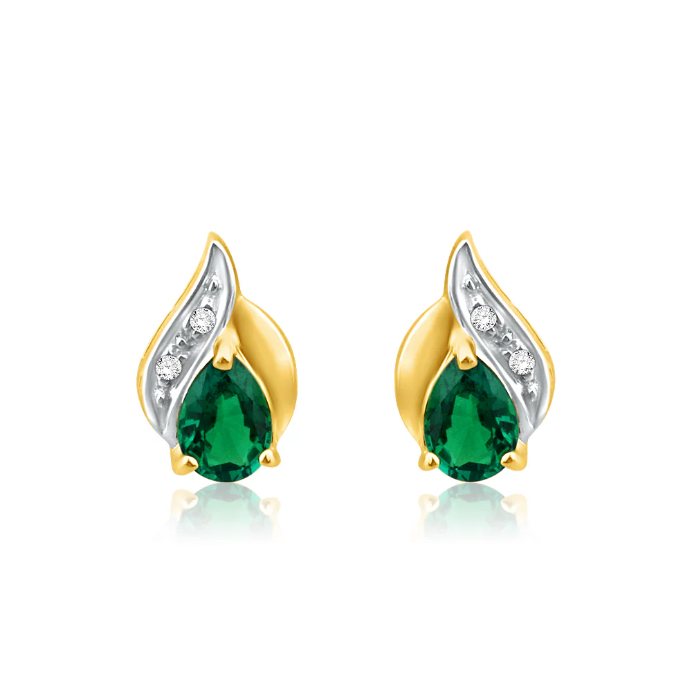 9ct Alluring Yellow Gold Created Emerald + Diamond Stud Earrings - Image 2