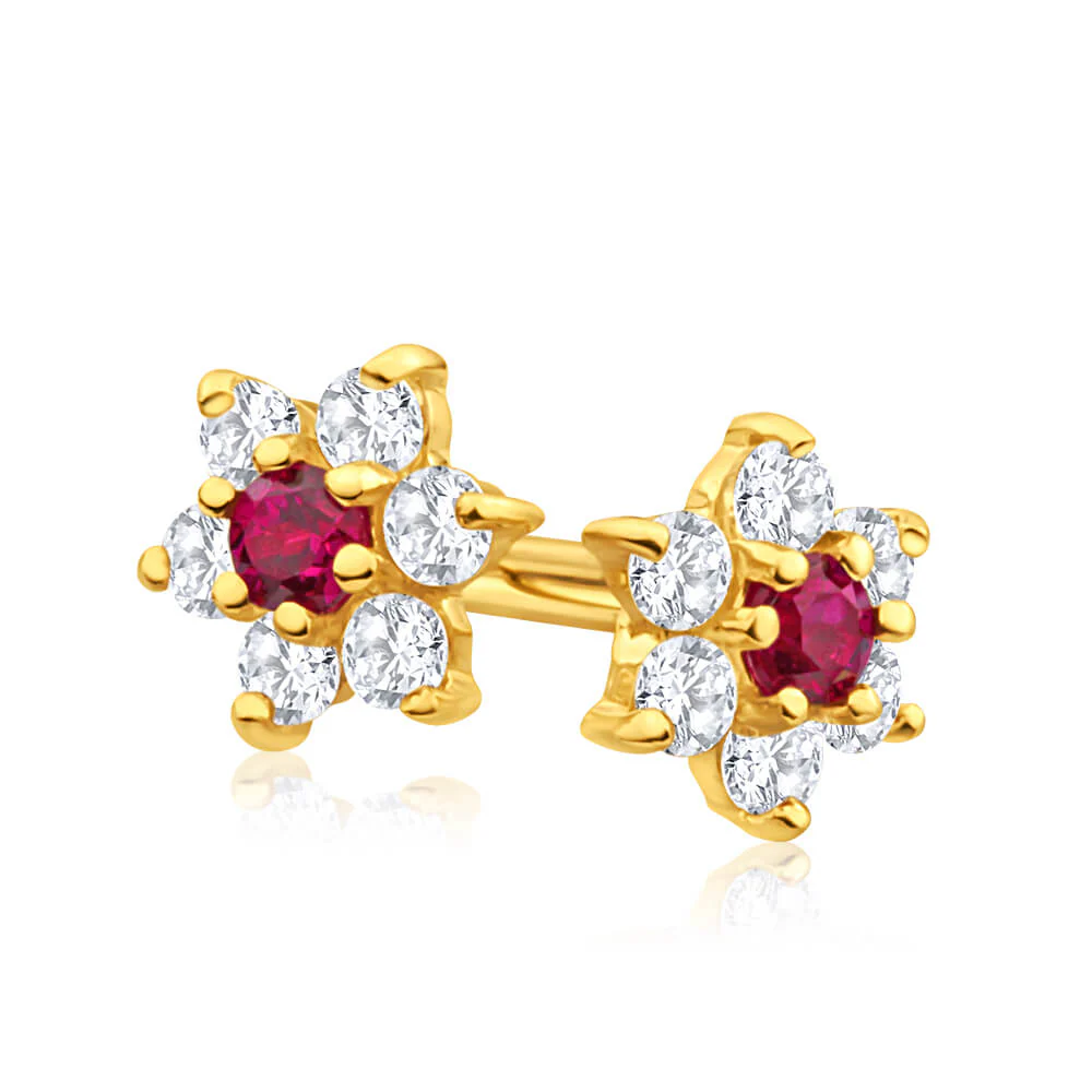 9ct Alluring Yellow Gold Created Ruby + Cubic Zirconia Stud Earrings - Image 2