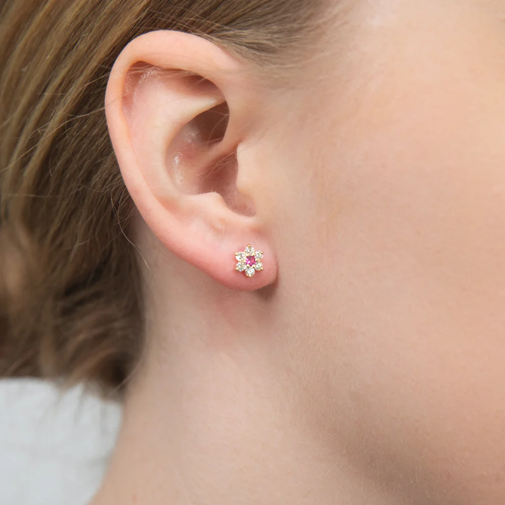 9ct Alluring Yellow Gold Created Ruby + Cubic Zirconia Stud Earrings - Image 3