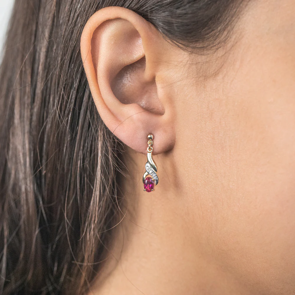 9ct Alluring Yellow Gold Created Ruby + Diamond Drop Earrings - Image 2