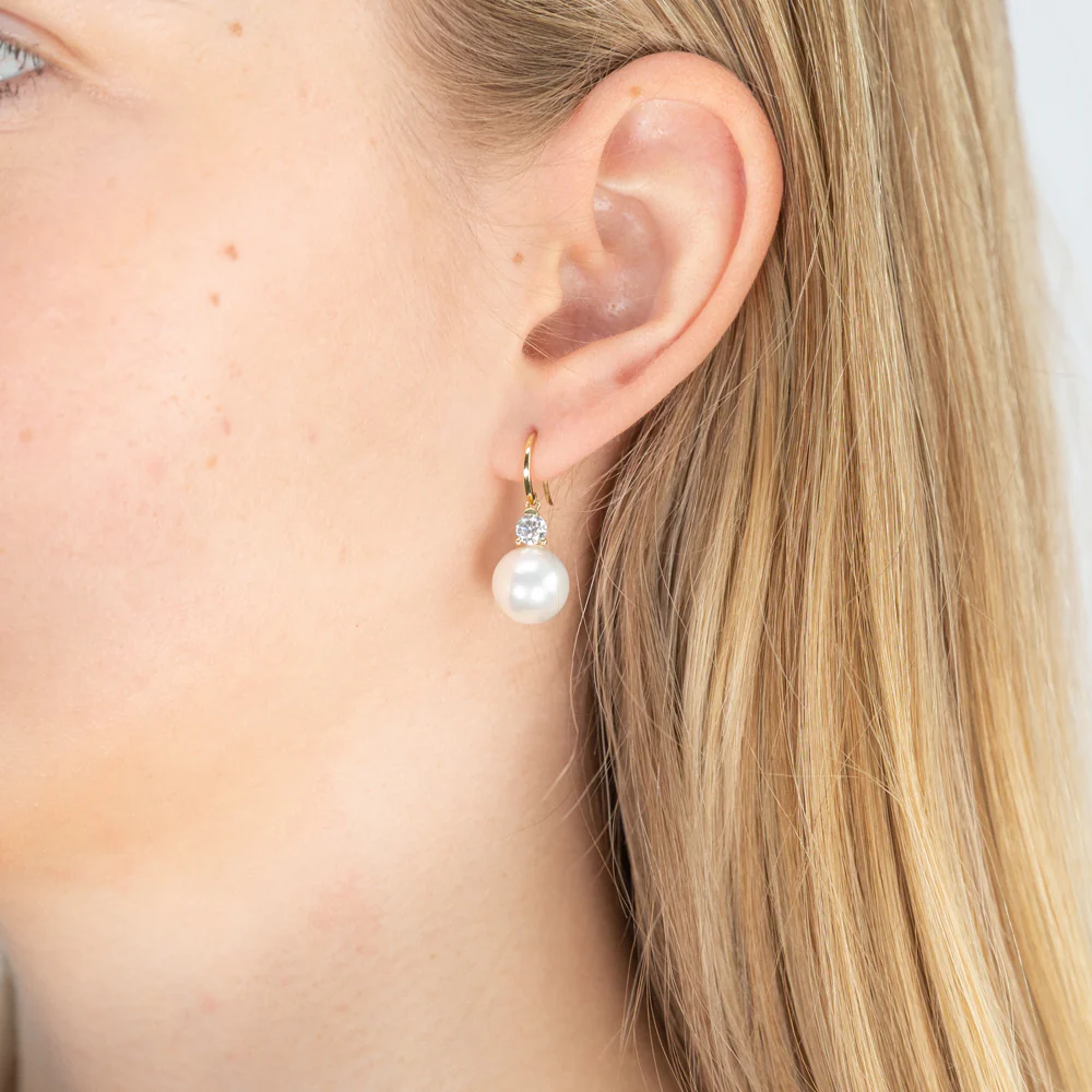 9ct Charming Yellow Gold 10mm Simulated Pearl and Cubic Zirconia Drop Earrings - Image 2