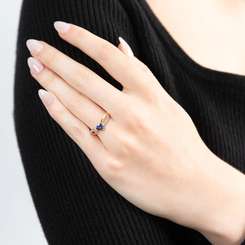 9ct Charming Yellow Gold Created Sapphire + Diamond Ring - Image 3